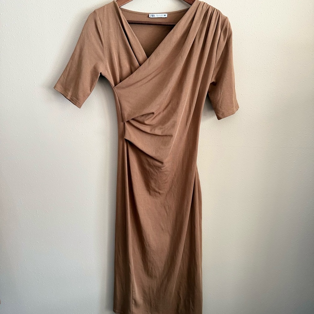 Zara Draped Ruched Midi Dress Camel Bodycon Stretch Size Large L